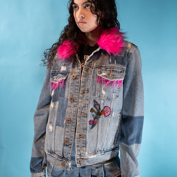 Vintage Reworked One of a Kind Denim Jacket with Pink Fur and Tassels.