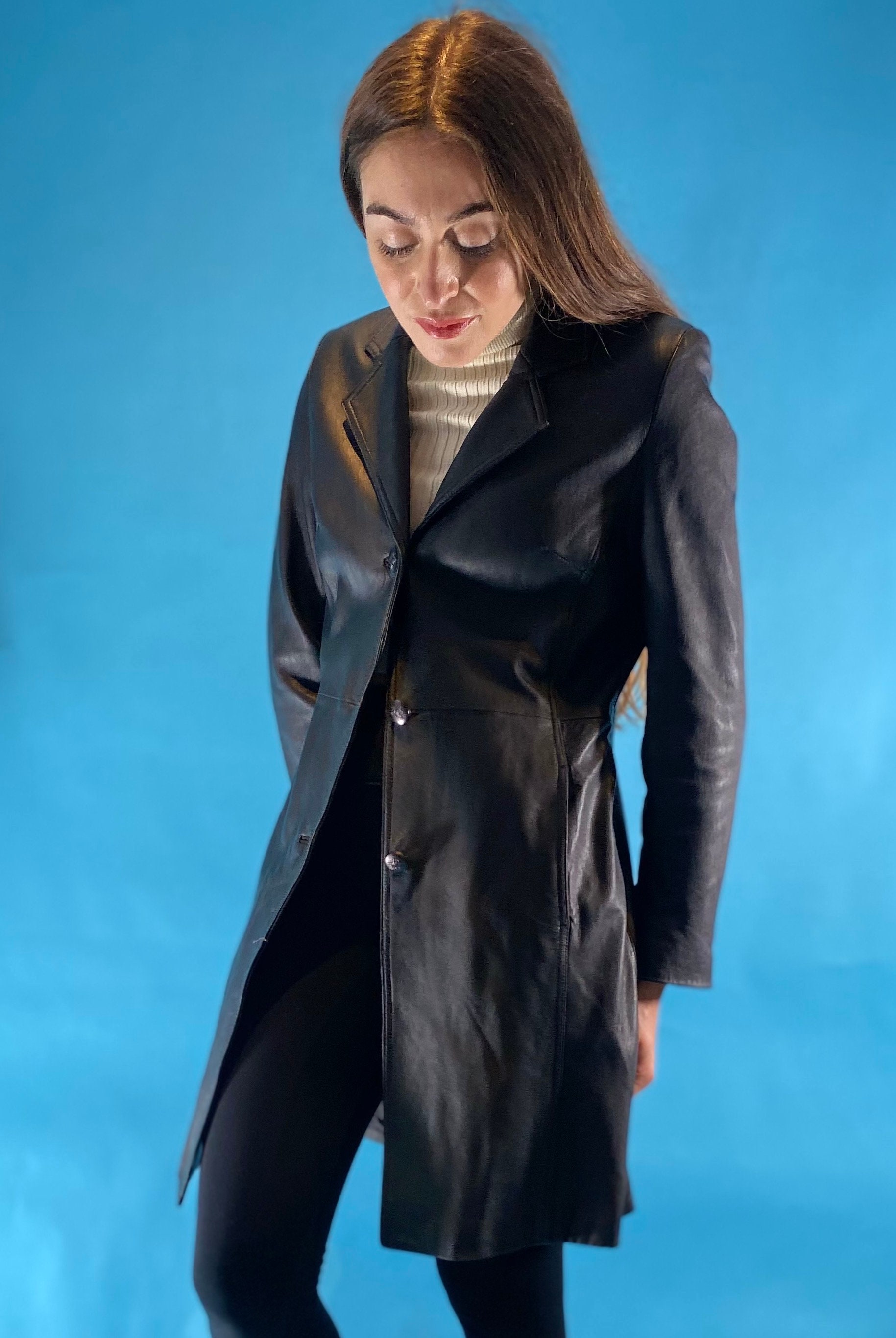 【00s archive】Blue Leather Long Coat Y2K Vintage Y2K Faux Leather Trench Coat – Navy Blue, Custom Fit - Etsy