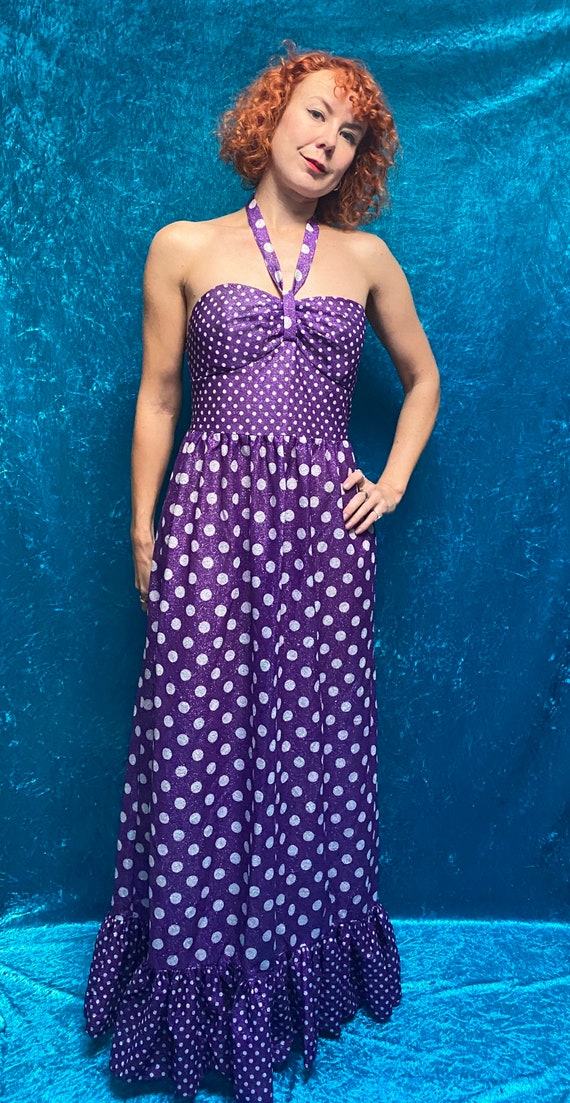 Vintage 1970s Glittery Purple Polka Dot Dress. - image 3