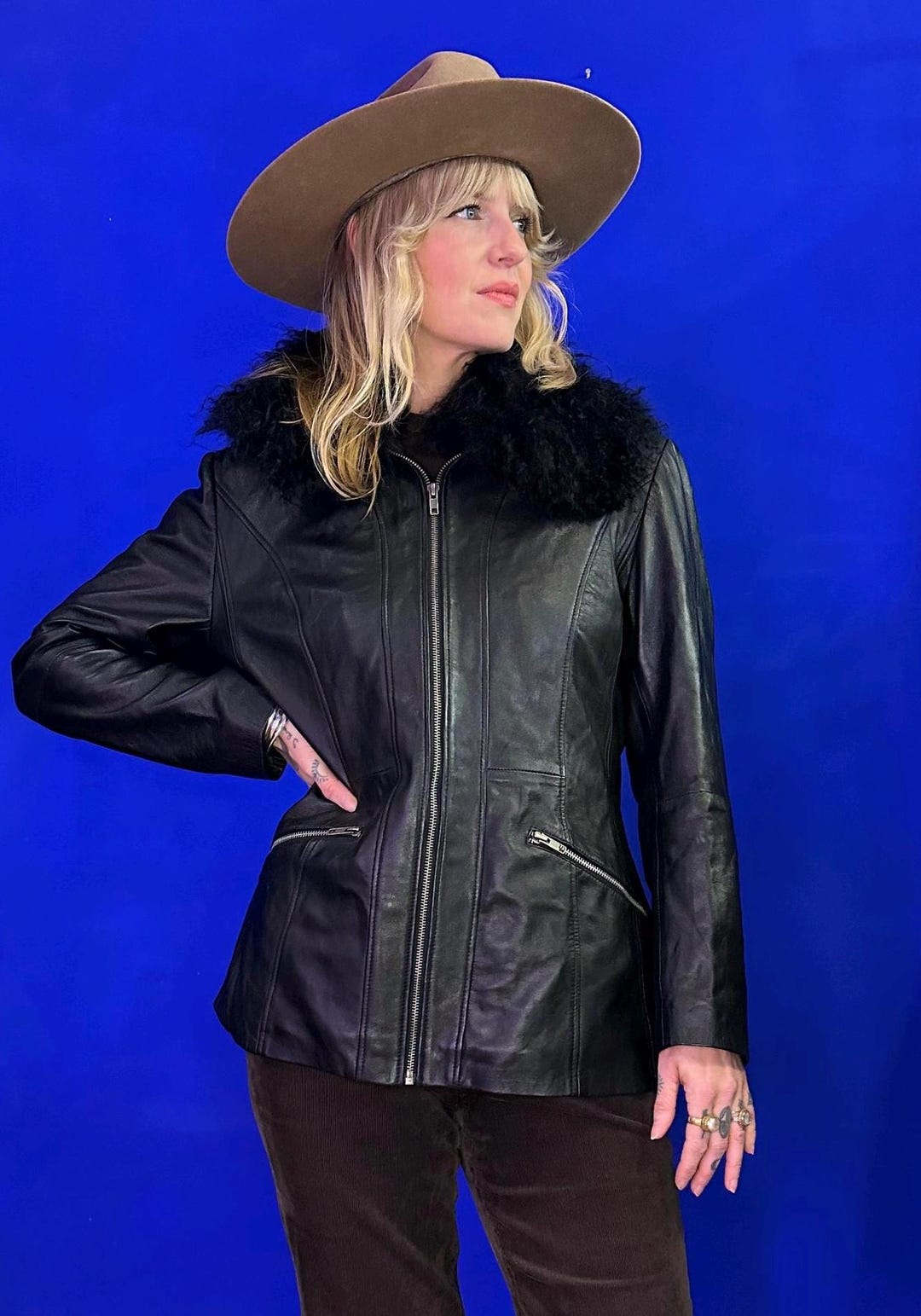 Vintage Rework Black Leather Jacket Afghan Coat With Mongolian