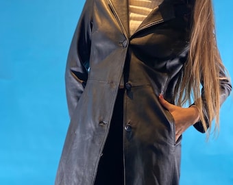 Vintage Y2K Leather Coat in Black Matrix Style 2000s Real Leather