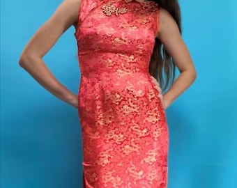 Vintage Orange Red Chinoiserie Jacquard Mid Length Dress.