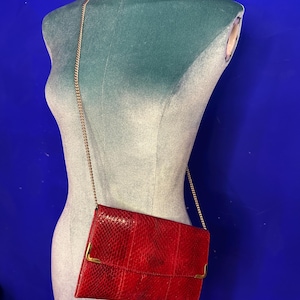 Vintage 80s Red Snakeskin Leather Shoulder Bag with Gold Chain Strap