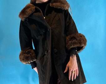 Vintage 1970s Dark Brown Suede Leather Penny Lane Coat.