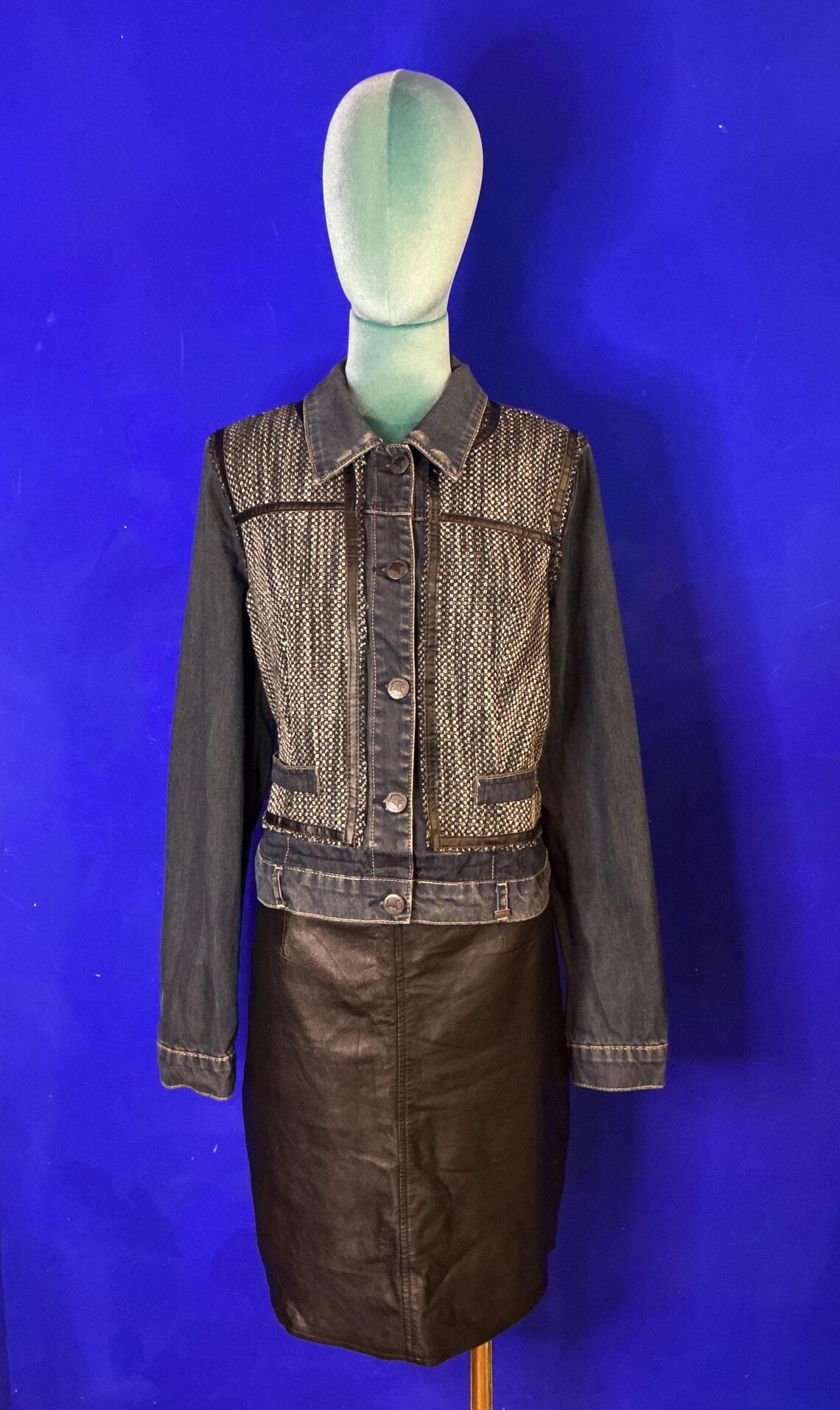 Vintage Y2K 2000s Denim and Grey Tweed Jacket Size ML, foto 1 di 5