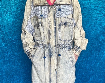 Vintage 1970s acid wash and lace denim parka coat