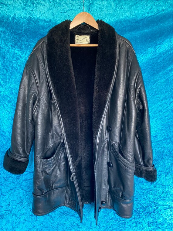 Vintage Black leather sheepskin aviator coat