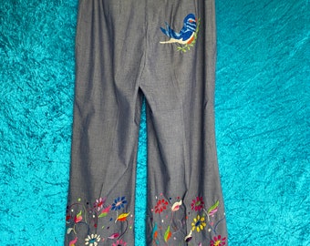 Vintage Bestickte 70er Florale Ausgestellte Hose