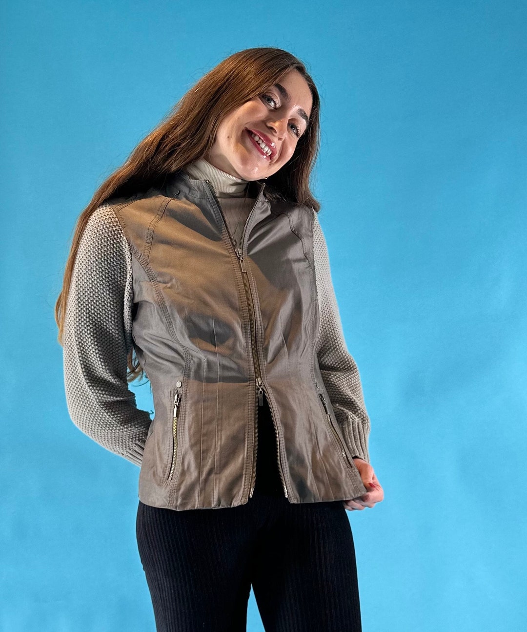 【archive】 00s wool double jacket y2k Vintage Y2K 2000s Double Zip up Jacket With Knitted Sleeves. - Etsy