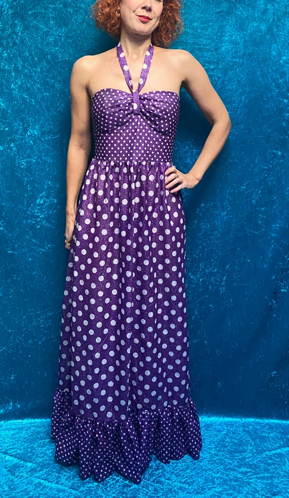 Vintage 1970s Glittery Purple Polka Dot Dress. - image 1