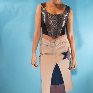 Vintage Y2K Size S/M Reworked Denim Skirt in Beige and Blue.