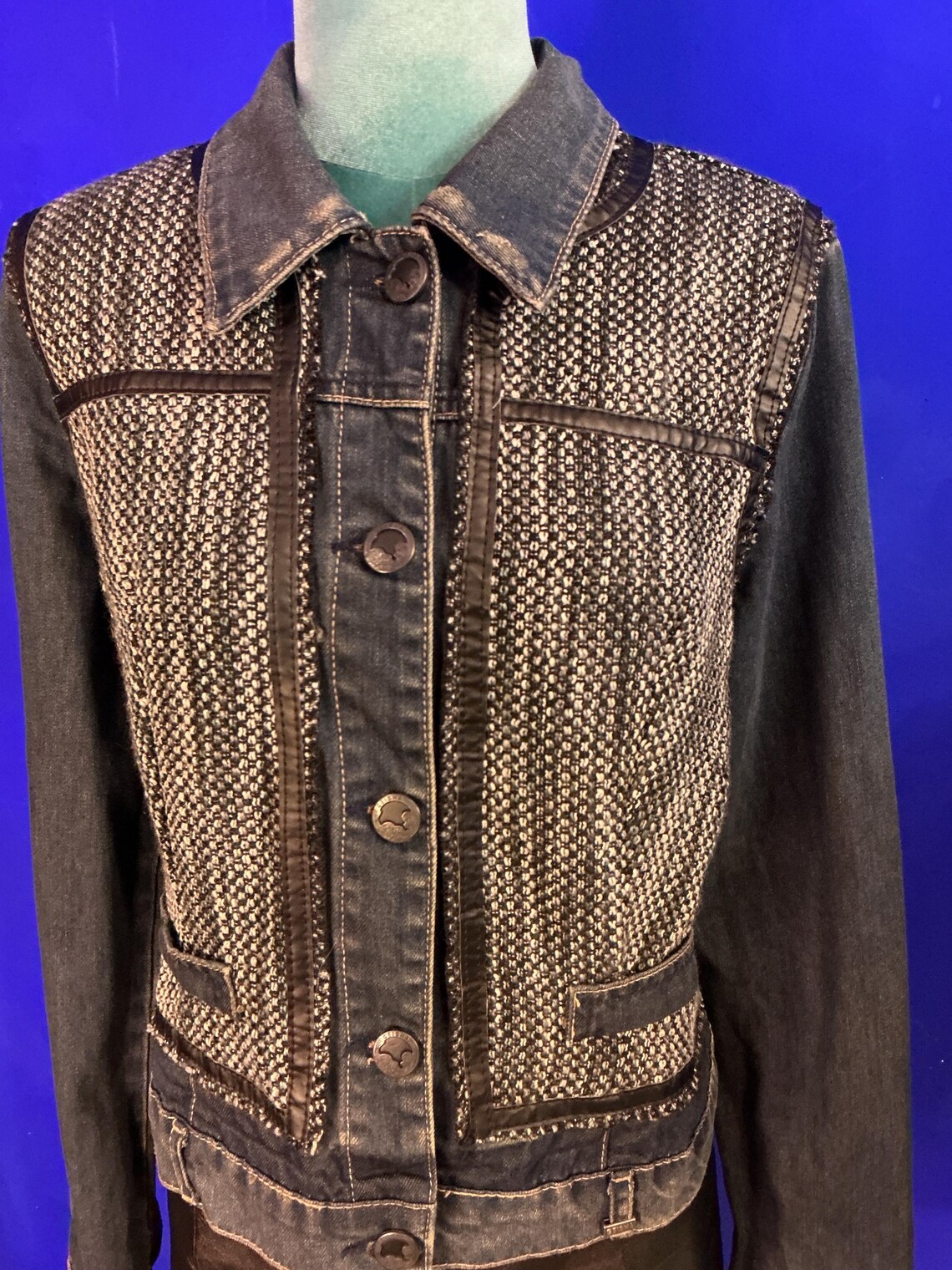 Vintage Y2K 2000s Denim and Grey Tweed Jacket Size ML, foto 2 di 5