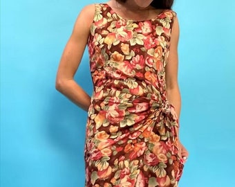 Vintage Brown Orange and Pink Floral Dress with Wrap Detail.