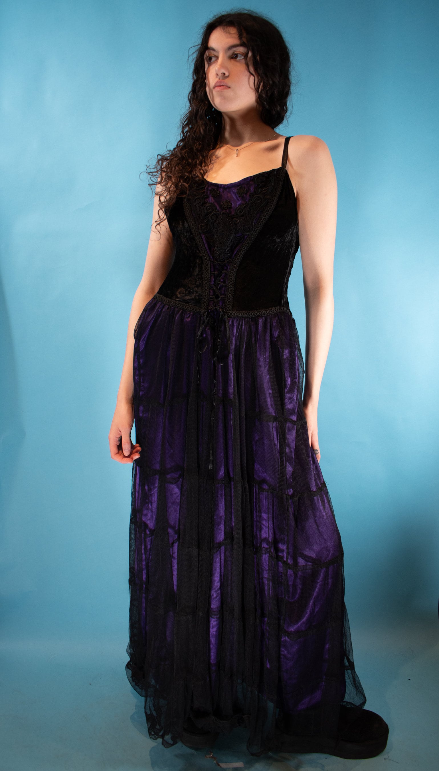 princess polly baby blue dress Vintage Y2k Black and Purple Gothic Velvet Maxi Dress, Embroidered Corset Tulle Gown (Size M)