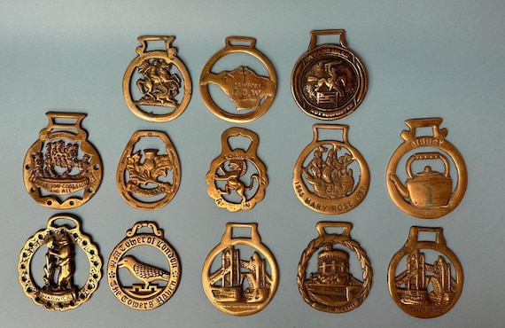 Vintage Brass Horse Brasses British Landmark & Heritage Horse Harness Medallions Windsor Castle St George  Mary Rose Tower Bridge