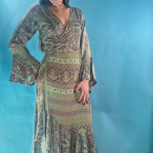 Vintage 90s Paisley Boho Print Bell Sleeve Wrap Multicolour Summer Maxi Dress