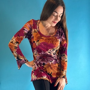 Vintage Y2K Pink Red Purple Floral Print Mesh Top Long Flounced Sleeves.