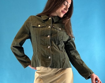 Vintage Y2K 2000er Jahre Khaki Kurze, maßgeschneiderte Denim-Jacke.