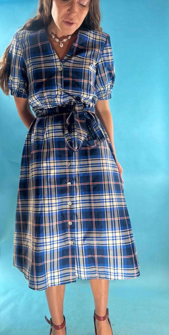 blue checkered dress zara Zara - Plaid Ruffled Belted Short Dress - Brown-Blue - M