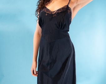 Vintage Größe L Slip Dress mit Spitze in Nachtblau.