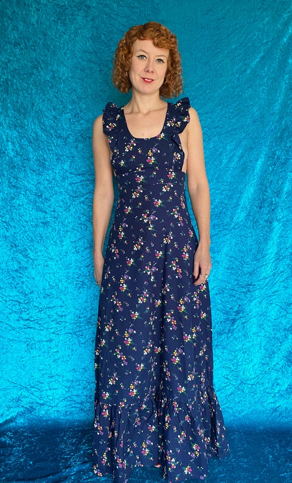 Vintage 1970s topshop floral cotton navy blue maxi