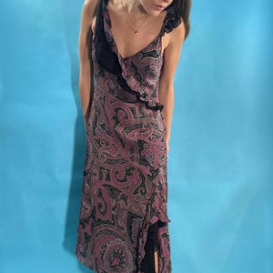 Vintage Y2K Paisley Print Slip Midi Mesh Dress with Frills
