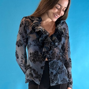 Y2K Vintage Lace Print Netz Top mit Rüschen.