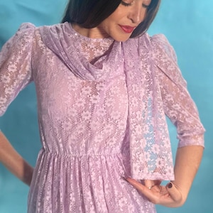 Vintage 80s Sheer Floral Lace Pastel Lilac Purple Romantic Midi Dress