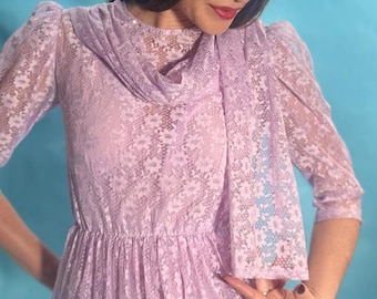Vintage 80s Sheer Floral Lace Pastel Lilac Purple Romantic Midi Dress