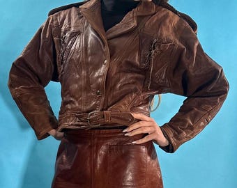 Vintage 80s Brown Leather, Belted Cropped Biker Jacket with Laces. Size M.