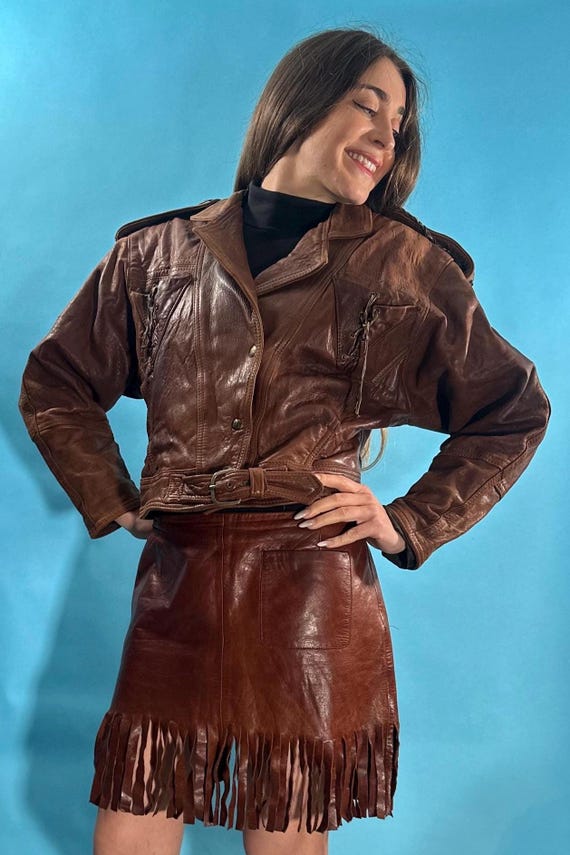 Vintage 80s Brown Leather, Belted Cropped Biker Jacket With Laces