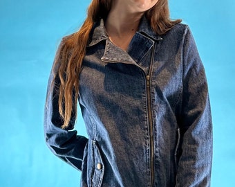 Vintage Y2K Denim Asymmetric Zip up Biker Style Jacket With Belt