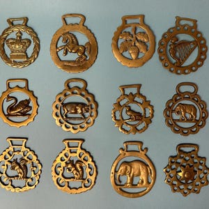 Vintage mässingshästmässing Val av 12 engelska ridselar medaljonger lantligt bondgårdshus väggdekor
