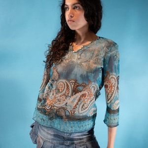 Vintage Y2K Size M Semi Sheer Paisley Printed Top in Blue and Multi Colour.
