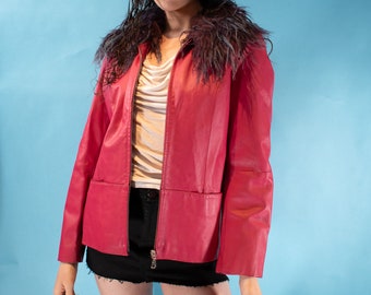 Vintage Rework Size S/M Leather Jacket with Mongolian Fur in Hot Pink.