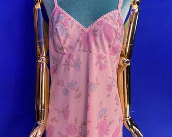 Camisón o enagua retro de nailon rosa con estampado floral, estilo babydoll, de los años 60, talla 10.