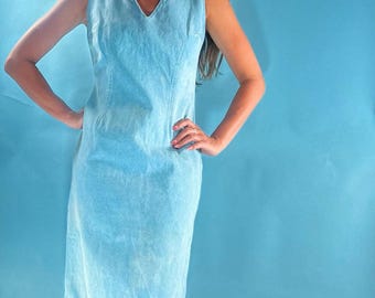 Vintage 90s Light Blue Fitted Denim Midi Dress