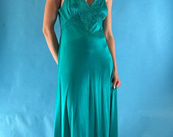 Vintage 1990s Y2K Satin Lace Turquoise Backless Maxi Dress.