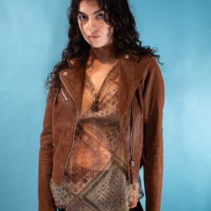 Vintage Y2K Size S Leather Suede Biker Jacket in Brown.