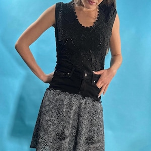 Vintage Y2K Reworked Black Denim Skirt with Leopard Print Panel