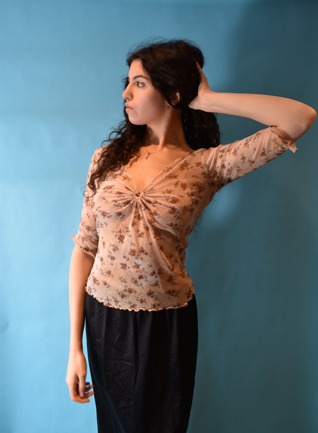 Vintage Y2K Beige Khaki Floral Mesh Sheer Tie Dye Lettuce Hem Top 8 10 S
