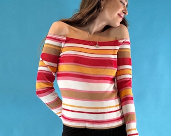 Vintage Y2K 2000s Off The Shoulder Red White Ribbed Long Sleeve Striped Top.