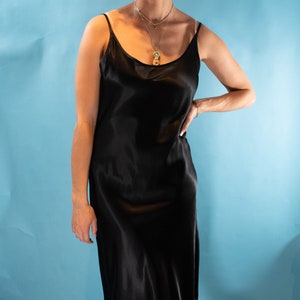 Vintage 1990s M/L Laura Ashley Satin Slip Dress in Black.