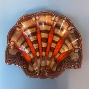 Vintage 1960s Ceramic Shell Dish Brown Orange Retro Mid Century Trinket Tray