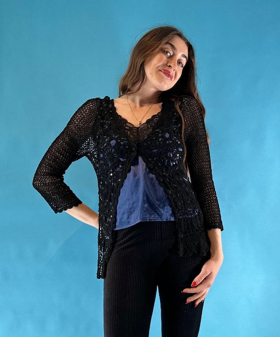 Vintage Y2K 2000s Black Crochet Knit Cardigan With Sequins. - Etsy
