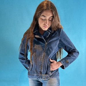 Vintage Washed Denim Y2K Motor Jacket With Zipper Details