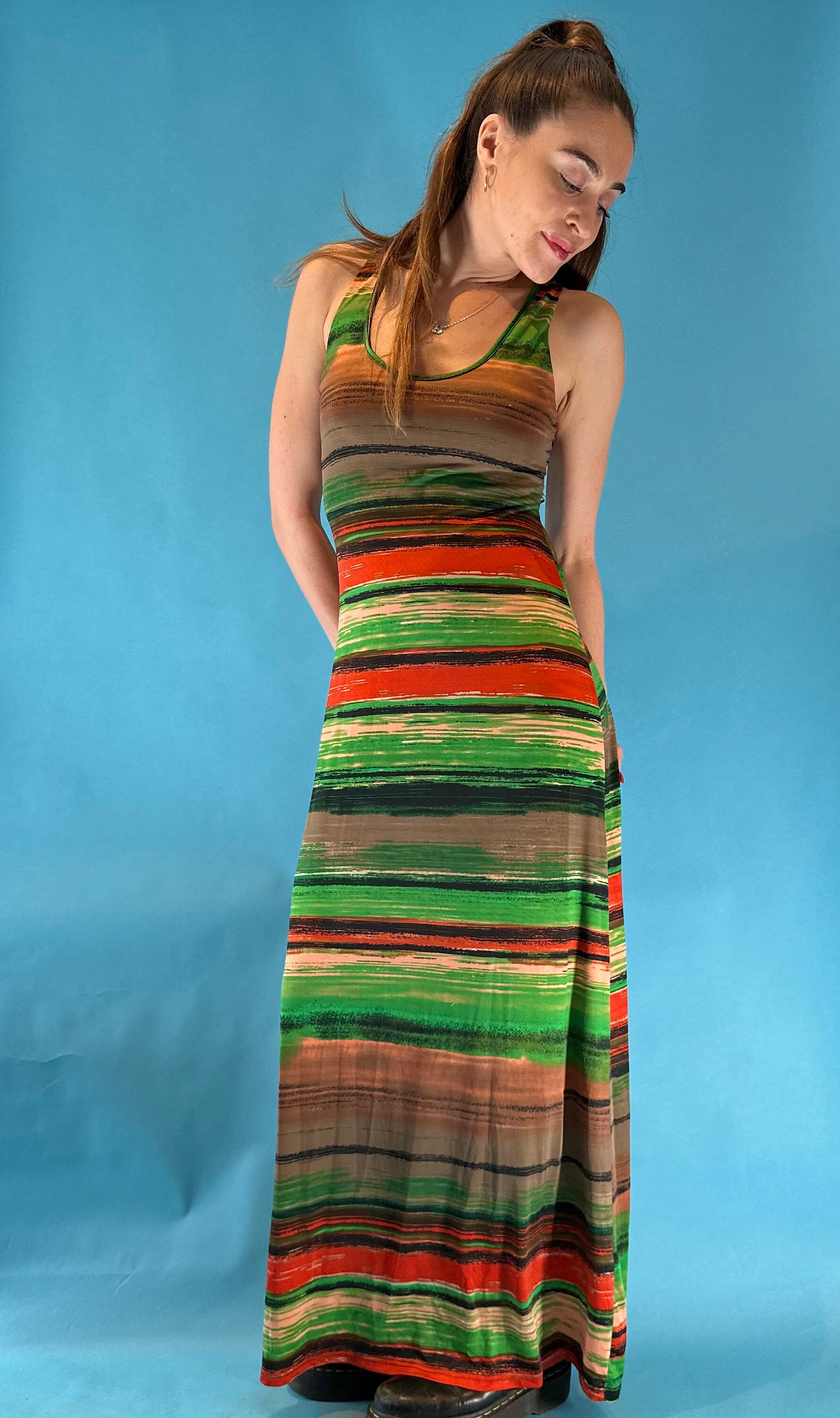Vintage 1990s Green and Red Striped Backless Maxi Dress. Vintage 1990s Green and Red Striped Backless Maxi Dress.