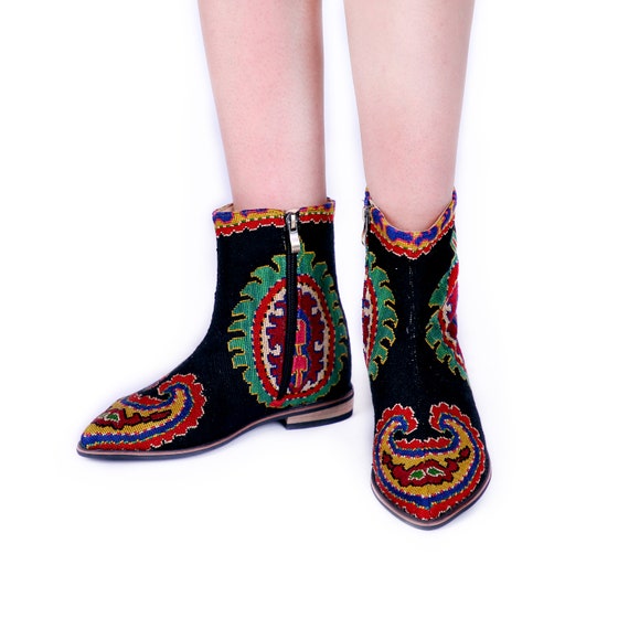 Ankle boots flat heel embroidered Hand made boots Bohemian Etsy