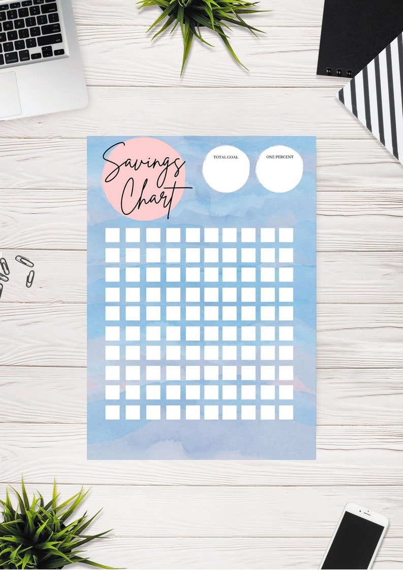 Blue and Pink 1% Savings Chart A4 Printable, Debt Free Journey, Sinking ...
