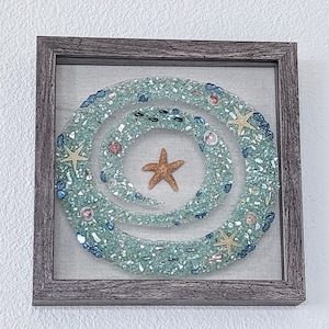 Sea Glass Colored, Starfish Wall Art with beautiful ocean details. Sparkling, upscale, 10x10 in. artwork that will get noticed in your home.